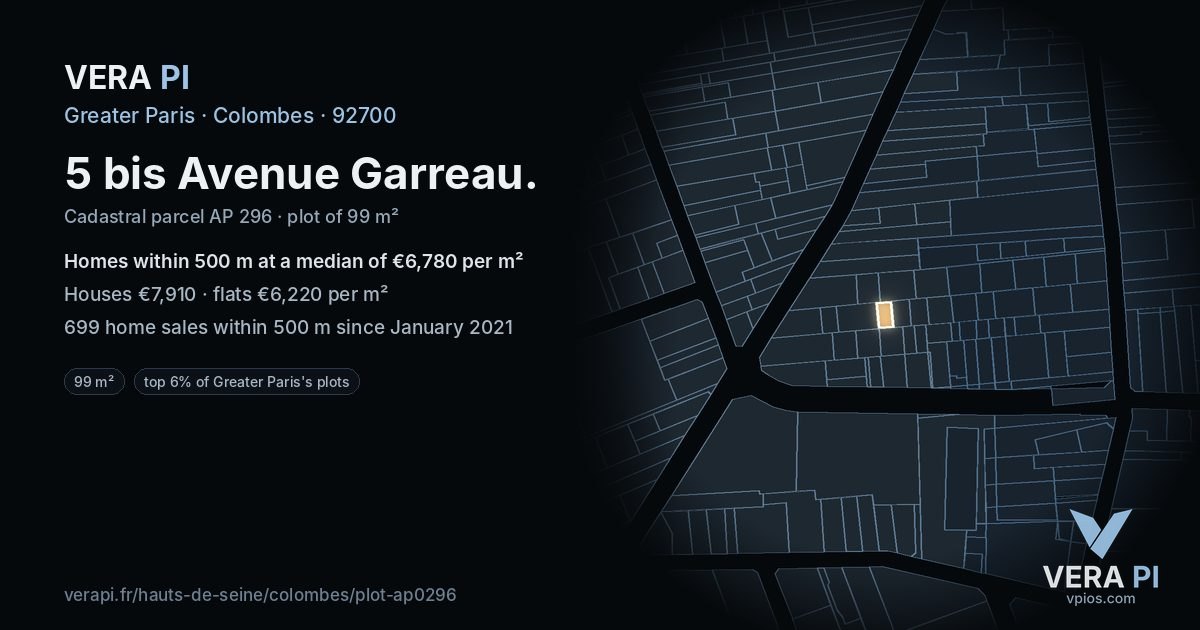 5 bis Avenue Garreau, Colombes at night – the plot lit, the parcels around coloured by the prices near them