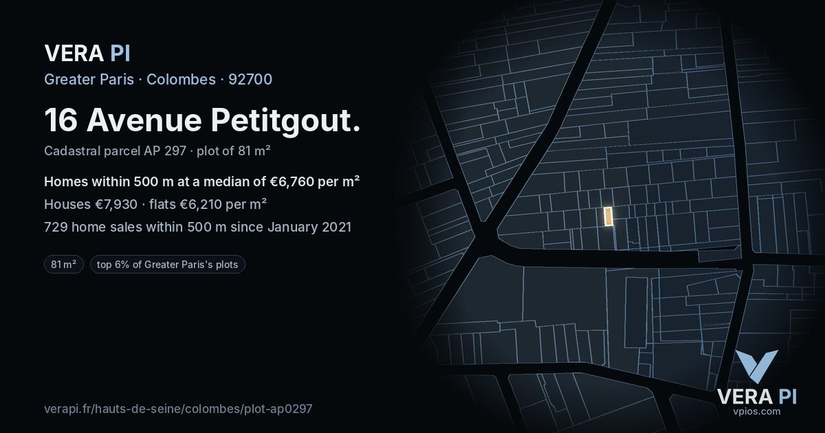 16 Avenue Petitgout, Colombes at night – the plot lit, the parcels around coloured by the prices near them
