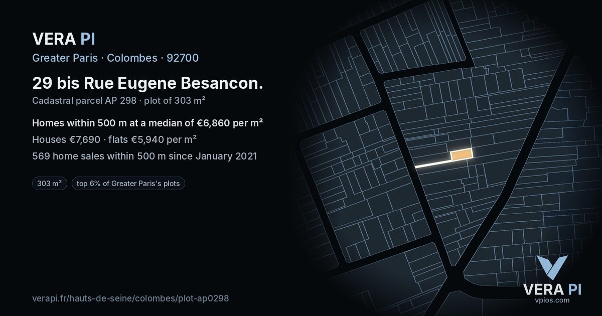 29 bis Rue Eugene Besancon, Colombes at night – the plot lit, the parcels around coloured by the prices near them