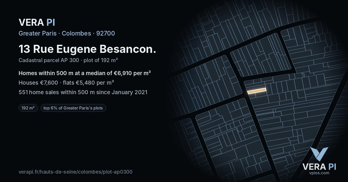 13 Rue Eugene Besancon, Colombes at night – the plot lit, the parcels around coloured by the prices near them