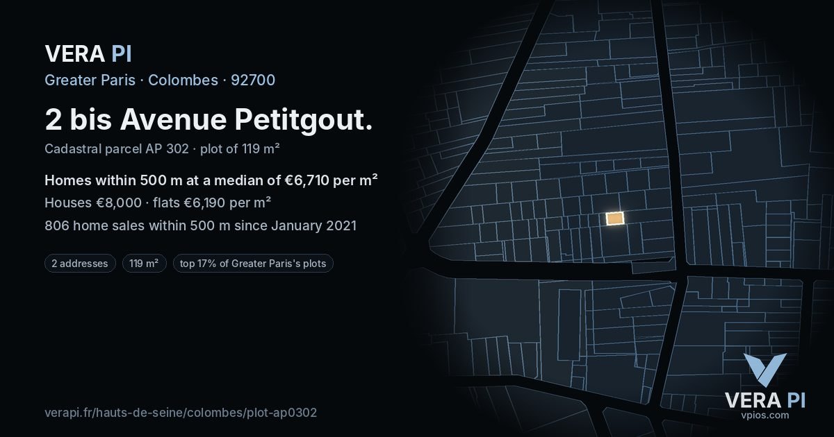 2 bis Avenue Petitgout, Colombes at night – the plot lit, the parcels around coloured by the prices near them
