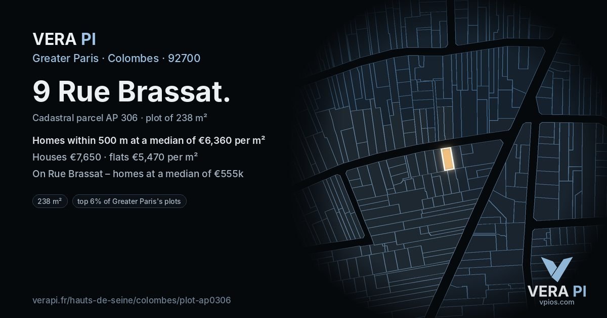 9 Rue Brassat, Colombes at night – the plot lit, the parcels around coloured by the prices near them