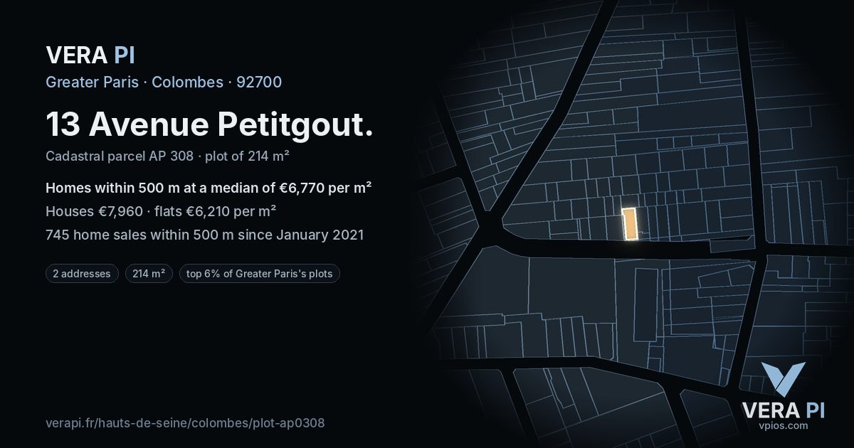 13 Avenue Petitgout, Colombes at night – the plot lit, the parcels around coloured by the prices near them