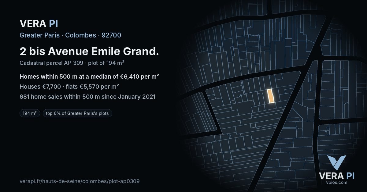 2 bis Avenue Emile Grand, Colombes at night – the plot lit, the parcels around coloured by the prices near them