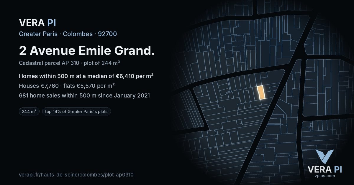 2 Avenue Emile Grand, Colombes at night – the plot lit, the parcels around coloured by the prices near them