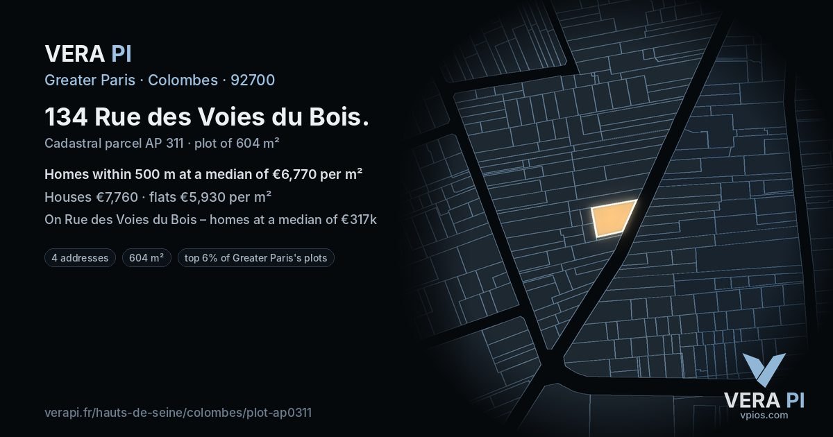 134 Rue des Voies du Bois, Colombes at night – the plot lit, the parcels around coloured by the prices near them