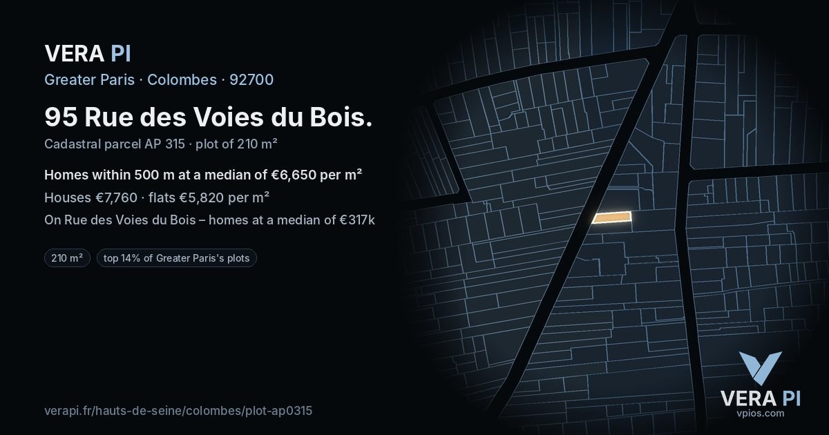 95 Rue des Voies du Bois, Colombes at night – the plot lit, the parcels around coloured by the prices near them