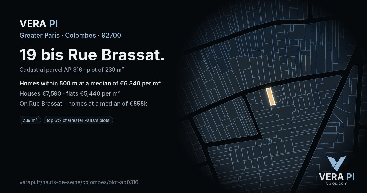 19 bis Rue Brassat, Colombes at night – the plot lit, the parcels around coloured by the prices near them