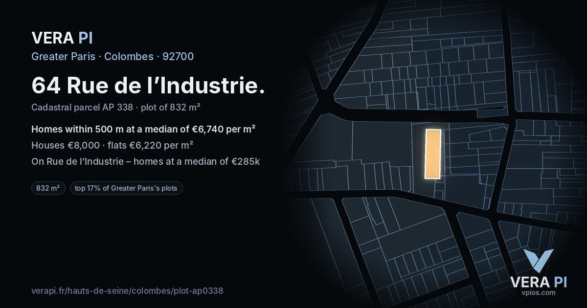 64 Rue de l’Industrie, Colombes at night – the plot lit, the parcels around coloured by the prices near them