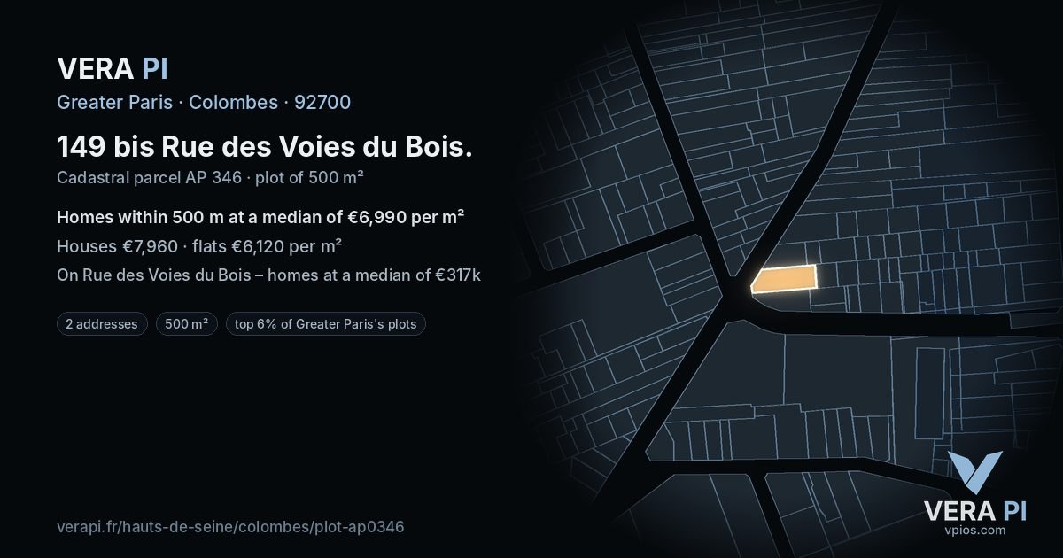 149 bis Rue des Voies du Bois, Colombes at night – the plot lit, the parcels around coloured by the prices near them