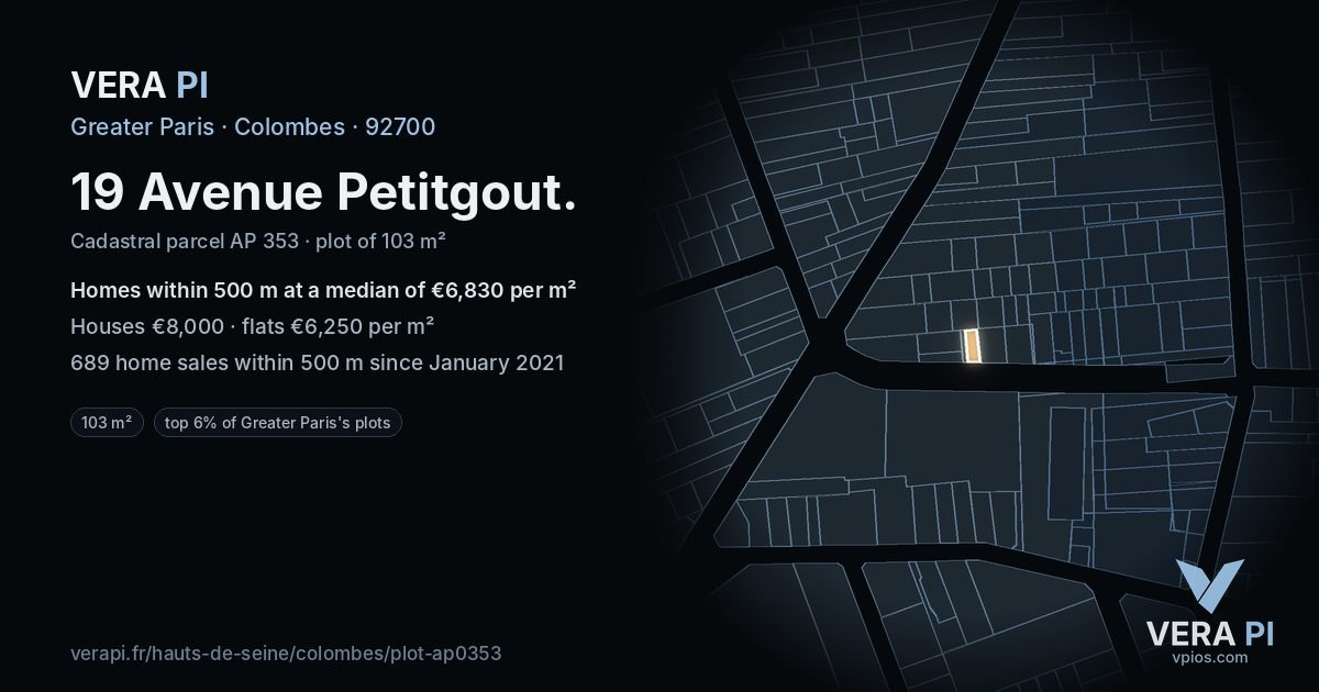 19 Avenue Petitgout, Colombes at night – the plot lit, the parcels around coloured by the prices near them