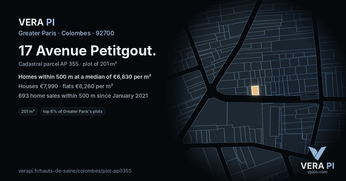 17 Avenue Petitgout, Colombes at night – the plot lit, the parcels around coloured by the prices near them