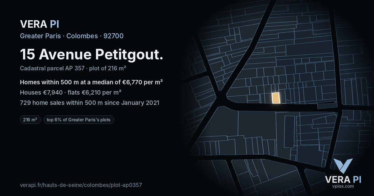 15 Avenue Petitgout, Colombes at night – the plot lit, the parcels around coloured by the prices near them