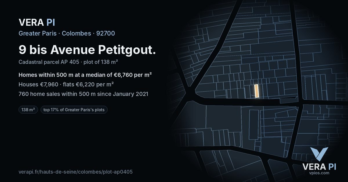 9 bis Avenue Petitgout, Colombes at night – the plot lit, the parcels around coloured by the prices near them