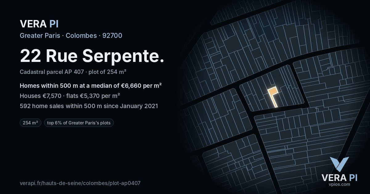 22 Rue Serpente, Colombes at night – the plot lit, the parcels around coloured by the prices near them