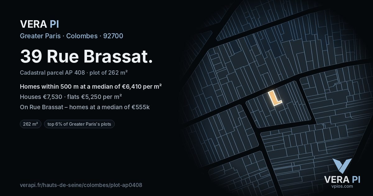 39 Rue Brassat, Colombes at night – the plot lit, the parcels around coloured by the prices near them