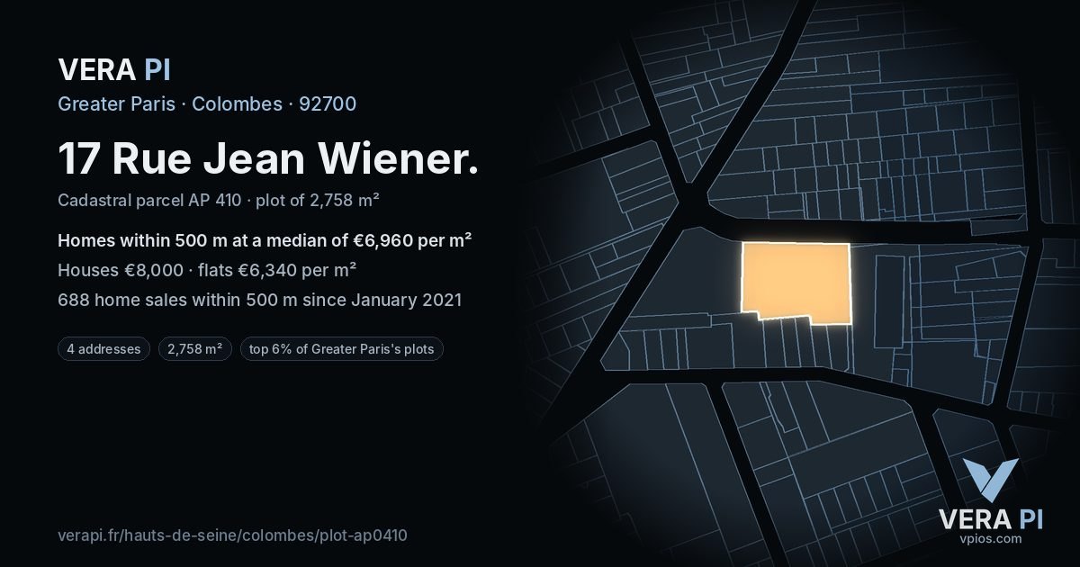 17 Rue Jean Wiener, Colombes at night – the plot lit, the parcels around coloured by the prices near them