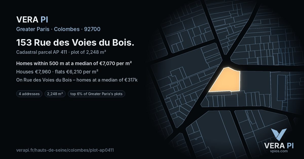 153 Rue des Voies du Bois, Colombes at night – the plot lit, the parcels around coloured by the prices near them