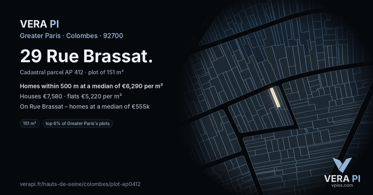 29 Rue Brassat, Colombes at night – the plot lit, the parcels around coloured by the prices near them