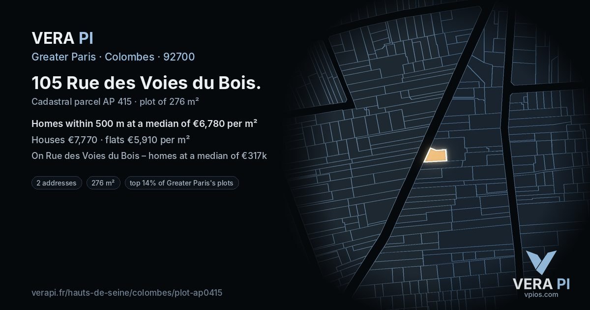105 Rue des Voies du Bois, Colombes at night – the plot lit, the parcels around coloured by the prices near them
