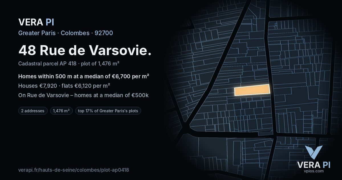 48 Rue de Varsovie, Colombes at night – the plot lit, the parcels around coloured by the prices near them
