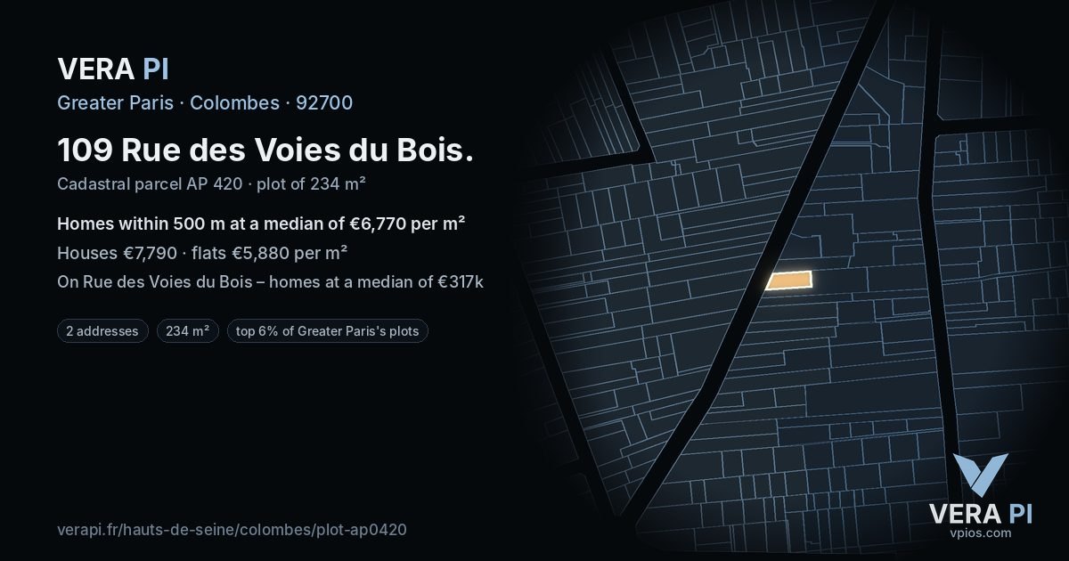 109 Rue des Voies du Bois, Colombes at night – the plot lit, the parcels around coloured by the prices near them