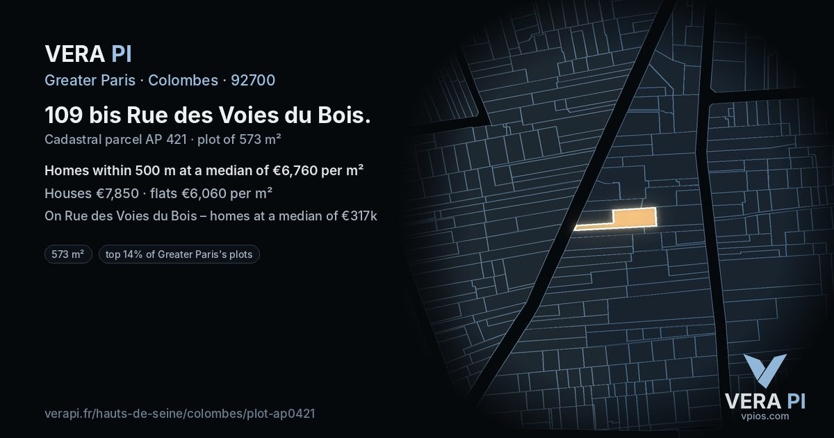 109 bis Rue des Voies du Bois, Colombes at night – the plot lit, the parcels around coloured by the prices near them