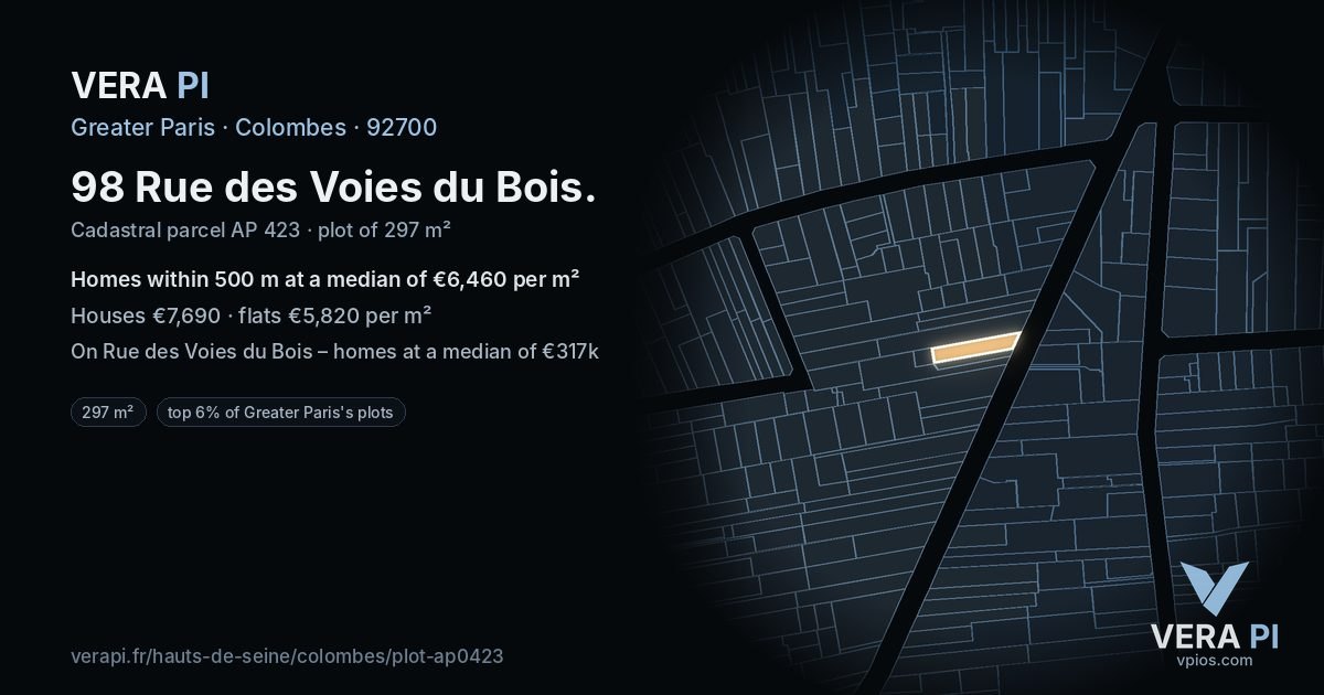 98 Rue des Voies du Bois, Colombes at night – the plot lit, the parcels around coloured by the prices near them