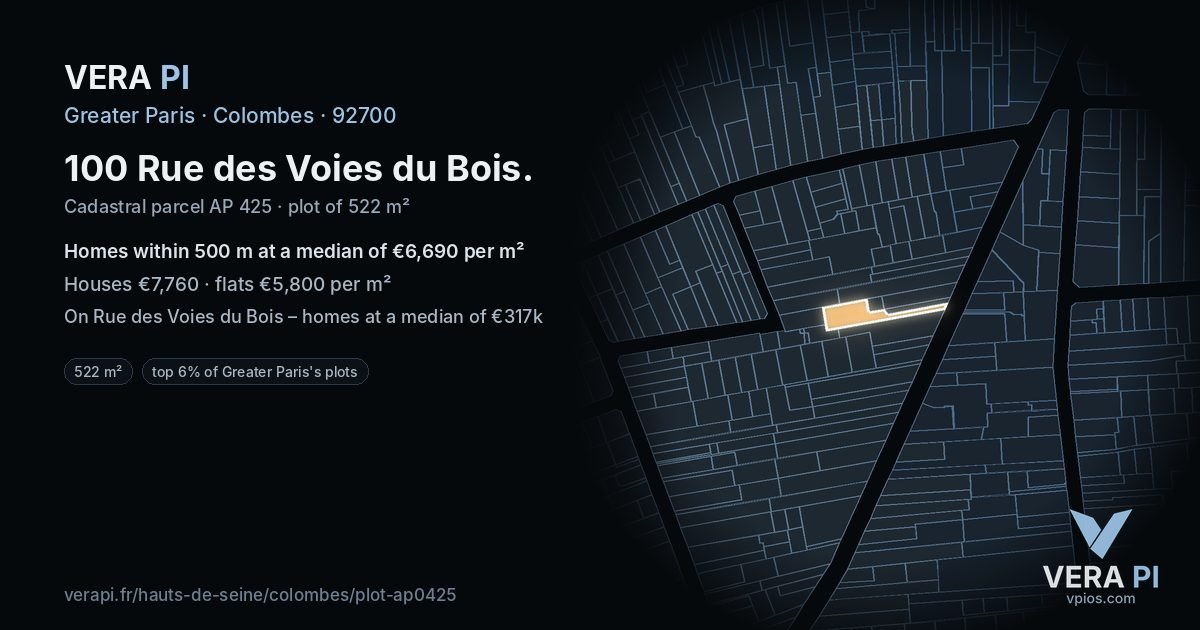 100 Rue des Voies du Bois, Colombes at night – the plot lit, the parcels around coloured by the prices near them