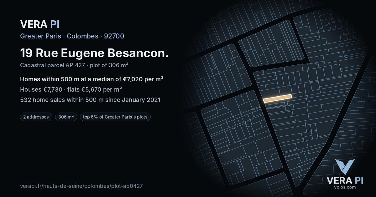 19 Rue Eugene Besancon, Colombes at night – the plot lit, the parcels around coloured by the prices near them