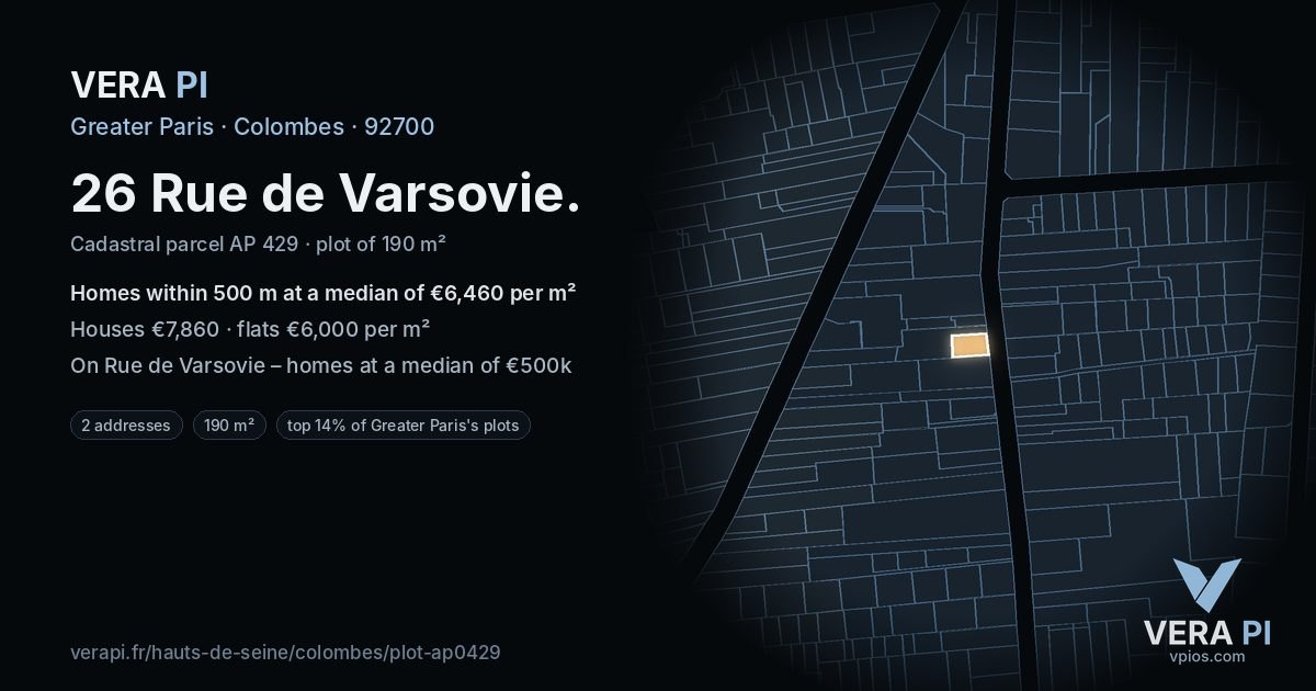 26 Rue de Varsovie, Colombes at night – the plot lit, the parcels around coloured by the prices near them