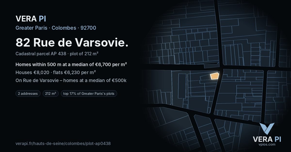 82 Rue de Varsovie, Colombes at night – the plot lit, the parcels around coloured by the prices near them