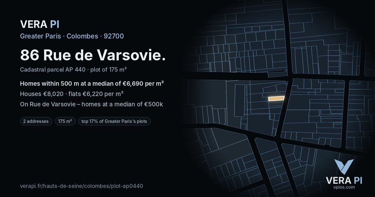 86 Rue de Varsovie, Colombes at night – the plot lit, the parcels around coloured by the prices near them