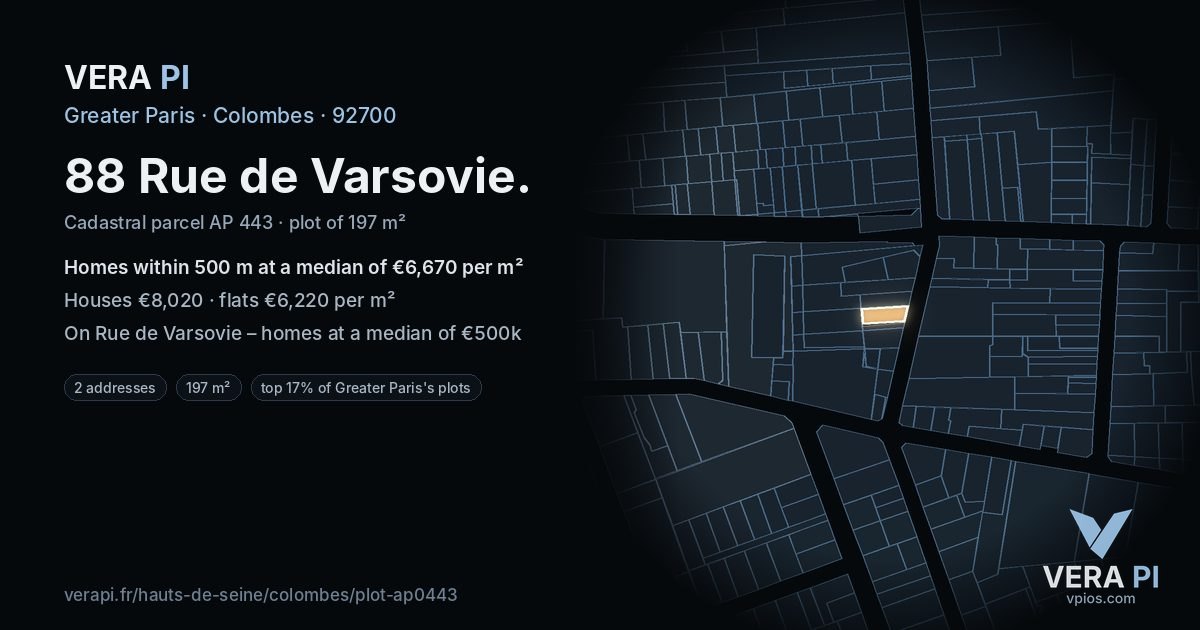 88 Rue de Varsovie, Colombes at night – the plot lit, the parcels around coloured by the prices near them