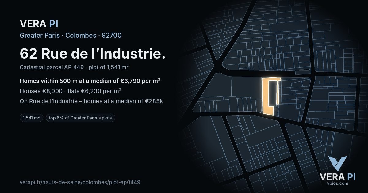 62 Rue de l’Industrie, Colombes at night – the plot lit, the parcels around coloured by the prices near them