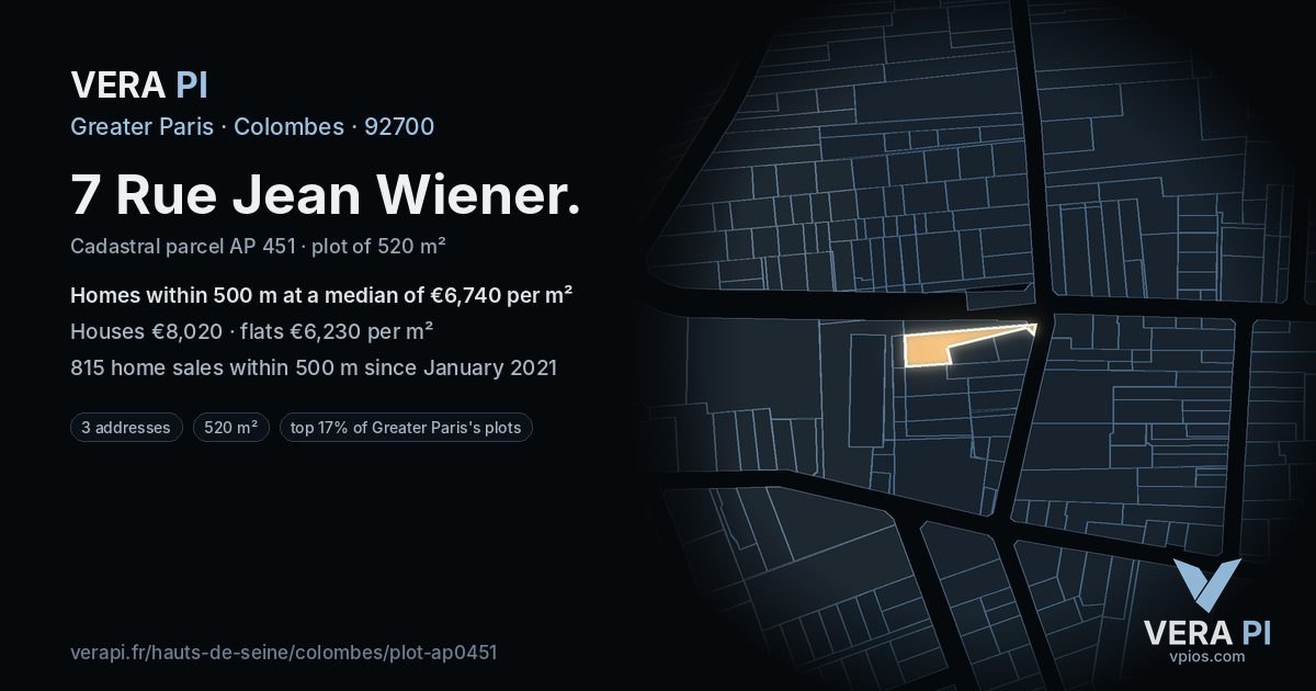 7 Rue Jean Wiener, Colombes at night – the plot lit, the parcels around coloured by the prices near them