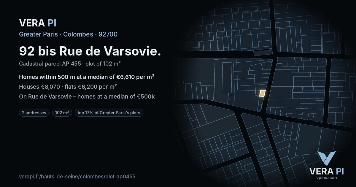 92 bis Rue de Varsovie, Colombes at night – the plot lit, the parcels around coloured by the prices near them