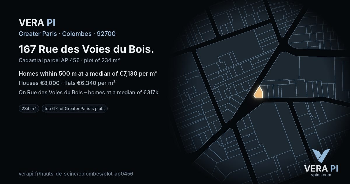 167 Rue des Voies du Bois, Colombes at night – the plot lit, the parcels around coloured by the prices near them