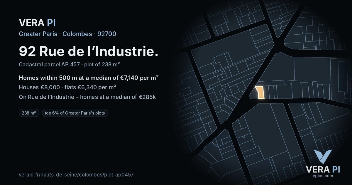 92 Rue de l’Industrie, Colombes at night – the plot lit, the parcels around coloured by the prices near them