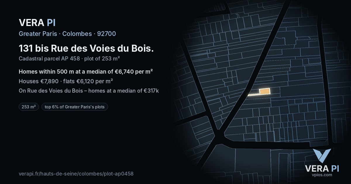 131 bis Rue des Voies du Bois, Colombes at night – the plot lit, the parcels around coloured by the prices near them