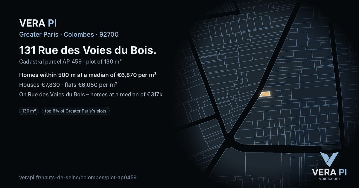 131 Rue des Voies du Bois, Colombes at night – the plot lit, the parcels around coloured by the prices near them