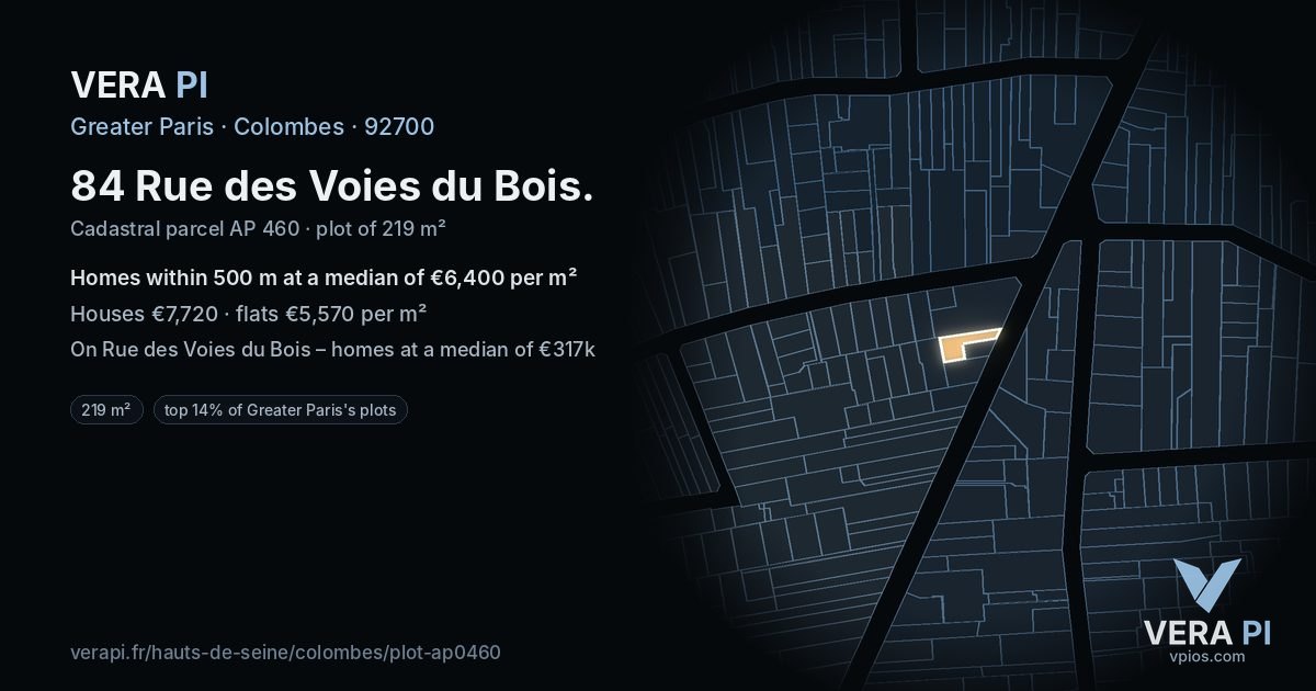 84 Rue des Voies du Bois, Colombes at night – the plot lit, the parcels around coloured by the prices near them
