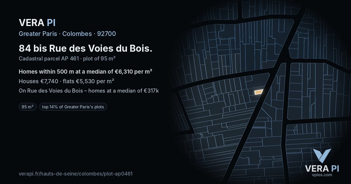 84 bis Rue des Voies du Bois, Colombes at night – the plot lit, the parcels around coloured by the prices near them