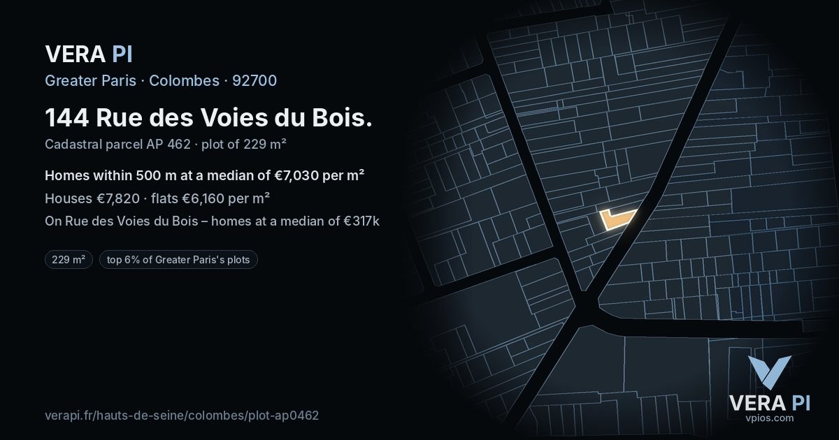 144 Rue des Voies du Bois, Colombes at night – the plot lit, the parcels around coloured by the prices near them