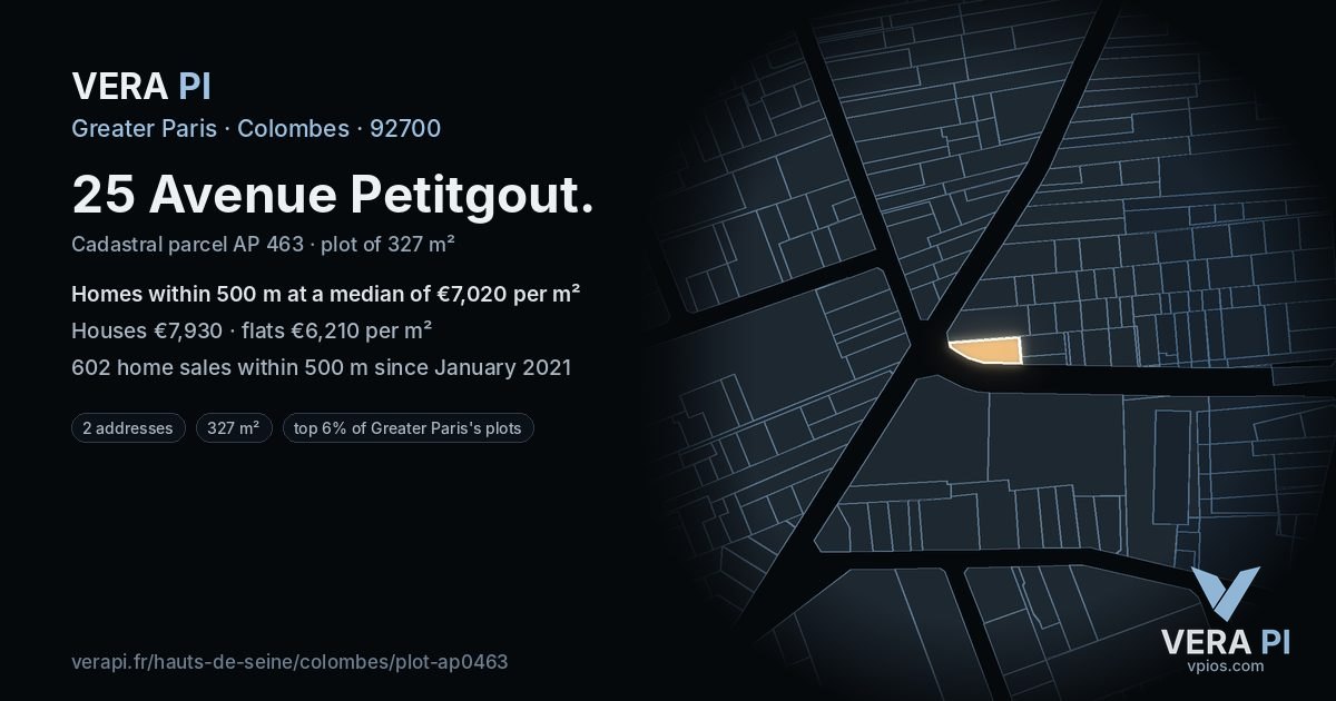 25 Avenue Petitgout, Colombes at night – the plot lit, the parcels around coloured by the prices near them