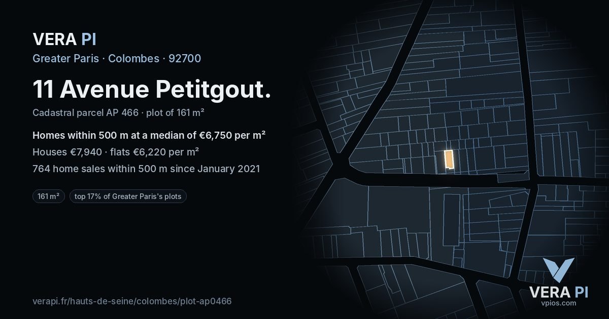 11 Avenue Petitgout, Colombes at night – the plot lit, the parcels around coloured by the prices near them