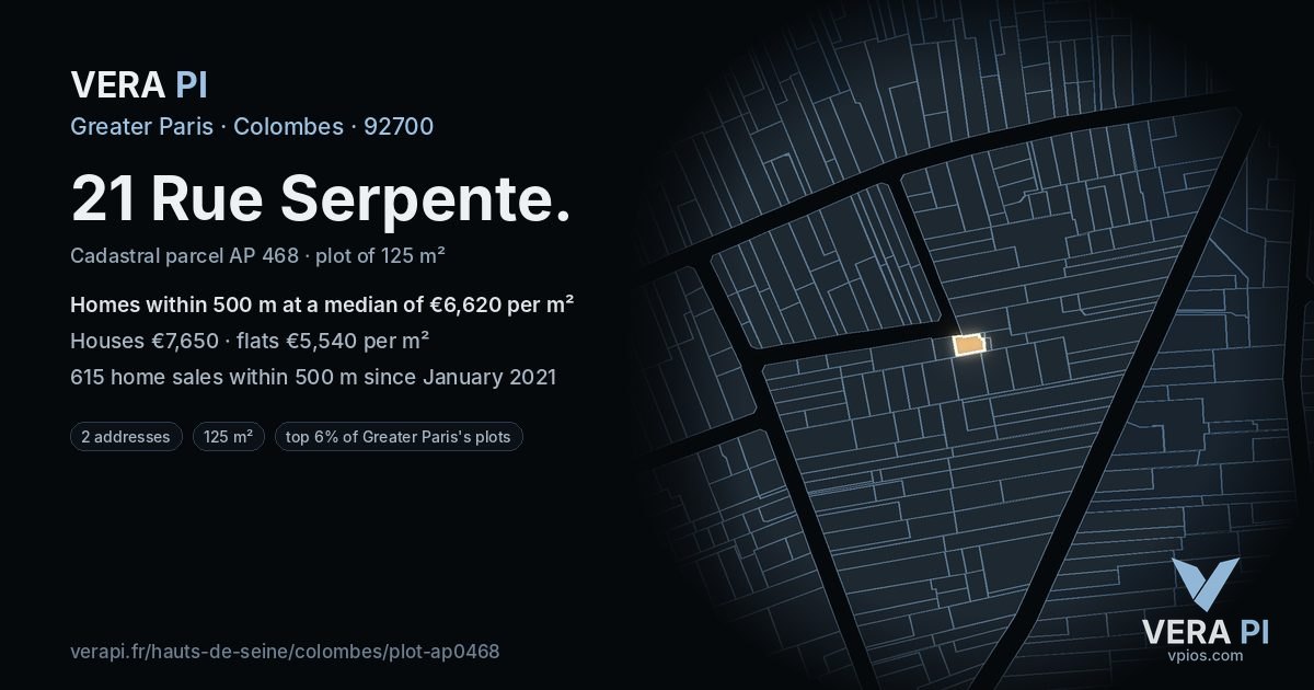21 Rue Serpente, Colombes at night – the plot lit, the parcels around coloured by the prices near them