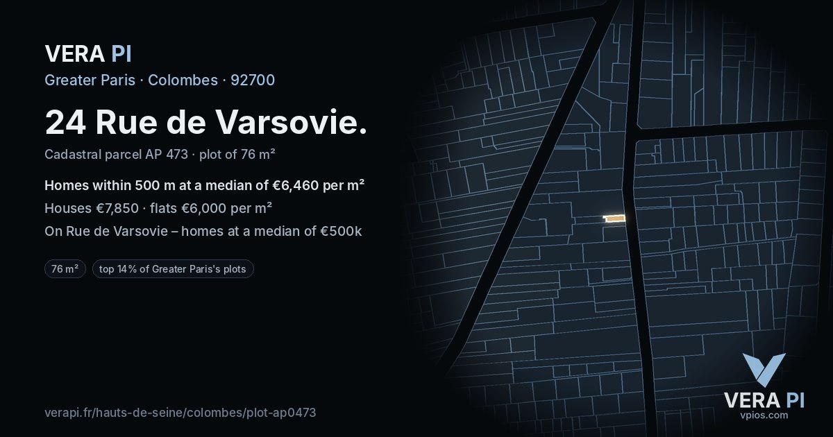 24 Rue de Varsovie, Colombes at night – the plot lit, the parcels around coloured by the prices near them