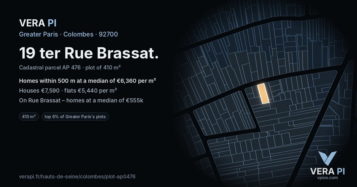 19 ter Rue Brassat, Colombes at night – the plot lit, the parcels around coloured by the prices near them
