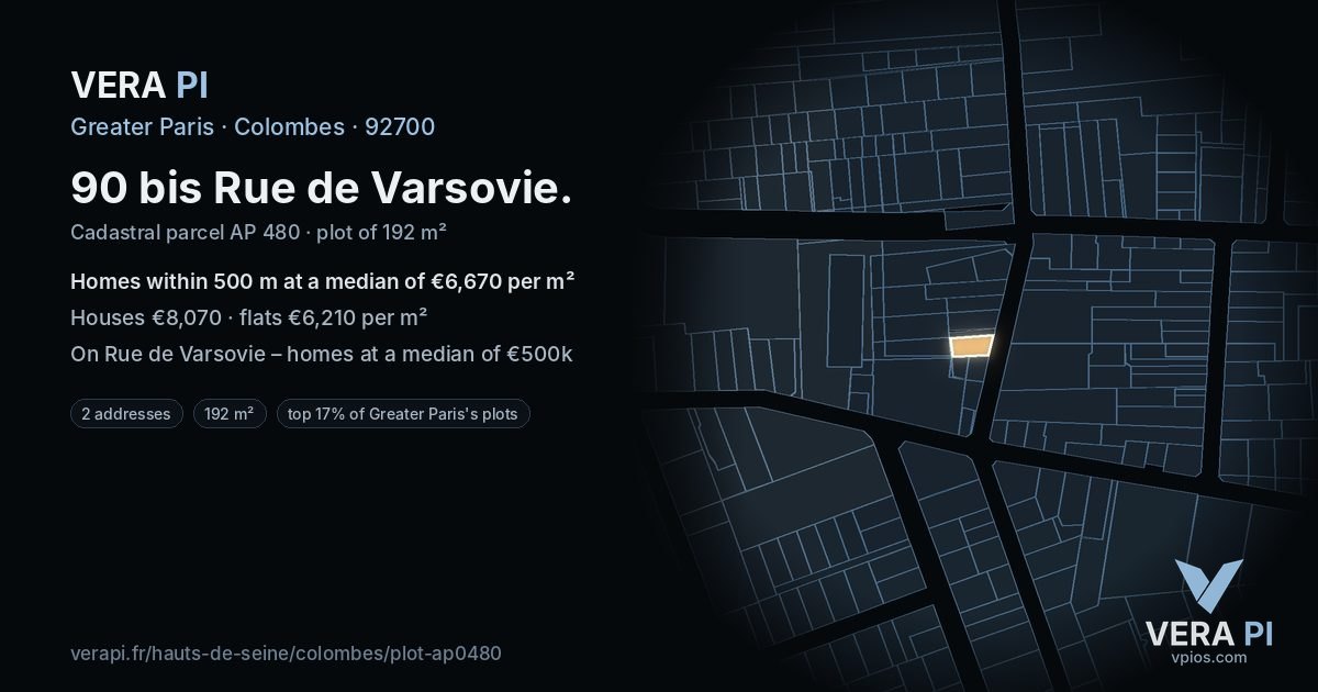 90 bis Rue de Varsovie, Colombes at night – the plot lit, the parcels around coloured by the prices near them